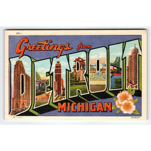 1940's Greetings From Detroit Michigan Large Letter Postcard Linen Curt Teich - Picture 1 of 2